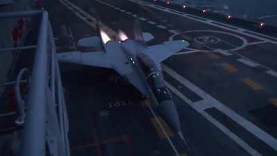 Mig-29KUB doing night time take off from indian aircraft carrier, INS Vikramaditya.[video]