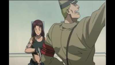 Revy shoots an enthusiastic salesman