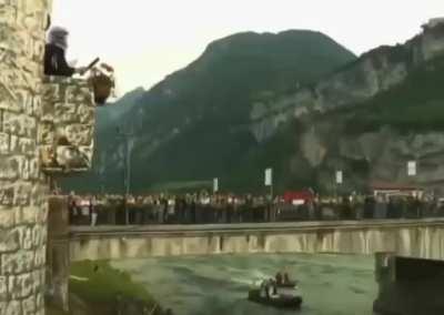 Italian Town punishes its politicians by putting them in a cage in a river. The Tonca is an event in Trento, Italy, where every June a ceremonial jury sentences the local politician that committed the year's worst blunder to be locked in cage and dipped i