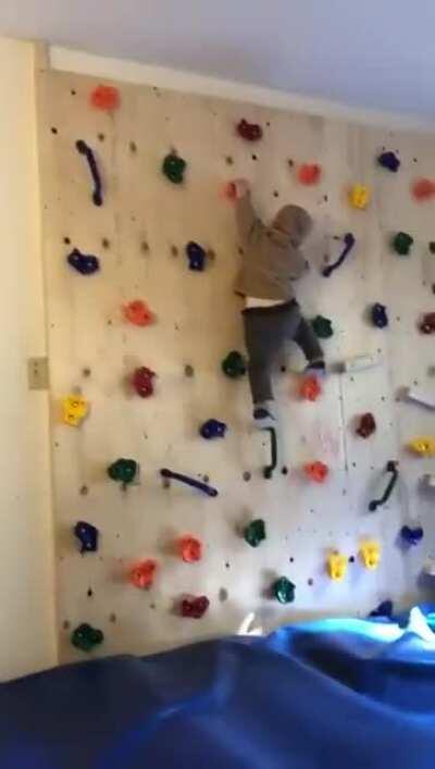 Father built his kid a climbing wall to get him to stop climbing furniture and it only made the tot more powerful