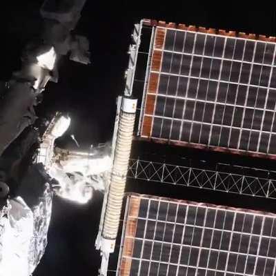 An amazing timelapse of NASA astronaut Shane Kimbrough and Thomas Pesquet of ESA working on installing the International Space Station's new roll-out solar arrays. Credit: ESA/NASA