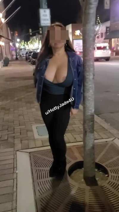 My Asian titties out on the sidewalk