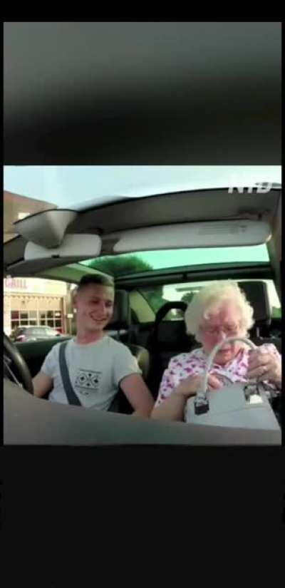 Guy surprises his granny on her birthday using his car's radio