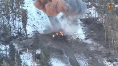 Destruction of a Russian BMPT Terminator AFV by Ukrainian artillery posted today (Music from source)