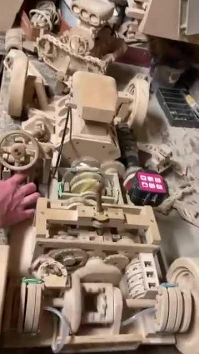 Working car motor made entirely out of wood