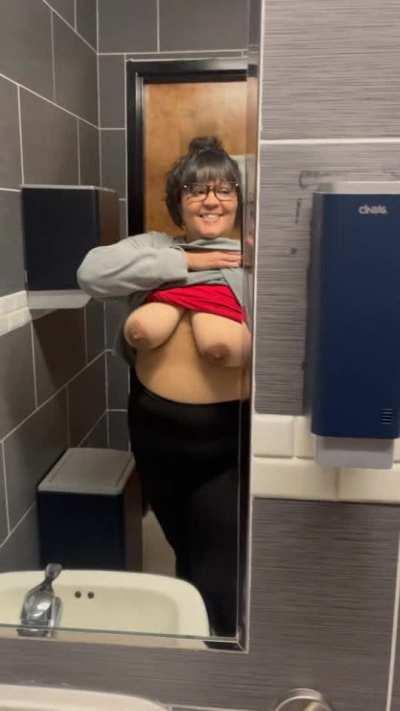 Suck my hanging tits in the bathroom?