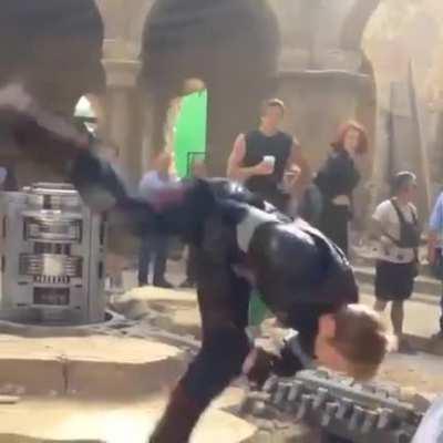 Captain America's stunt double doing the signature backflip