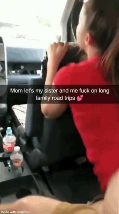 My sister and I love to fuck in the back seat while mom is driving