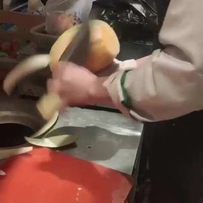 Satisfying fruit cutting skills.