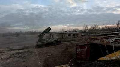 Ukrainian forces active with a captured TOS-1A thermobaric launcher returning rounds to the Russians during an attack recently. 