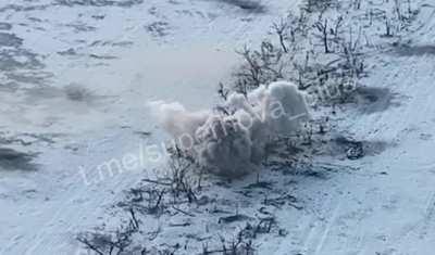 A Russian AFV runs over a mine close to a Ukrainian position and is subsequently destroyed. Zaporizhzhia Oblast [Published 18/01/2024]