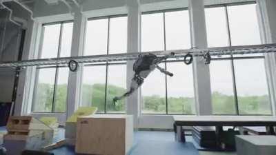 It's cool to see robots do parkour but watching them fall is interesting as...