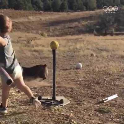 Kid playing baseball with dog falls missing the shot made me laugh like hell.