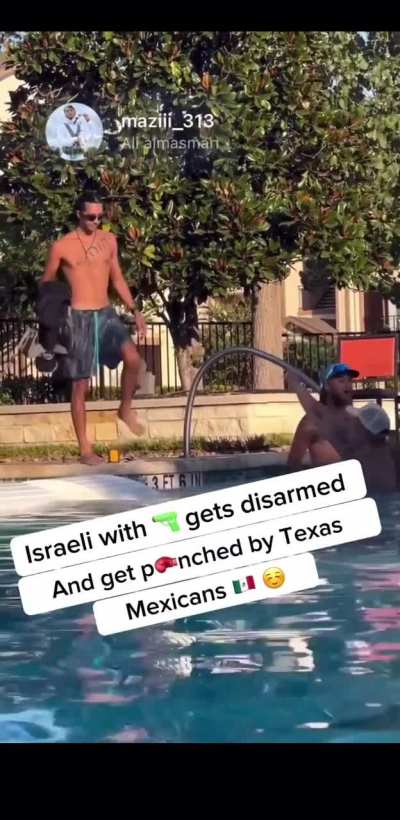 Man brandishes out a gun by the pool (still unsure if he is Israeli)