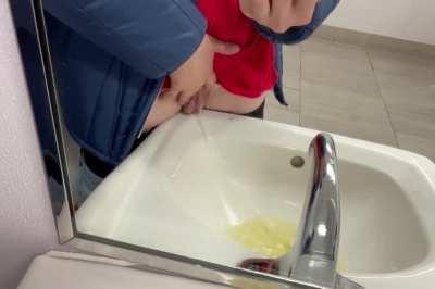 Cute post-op trans boy pees in sink