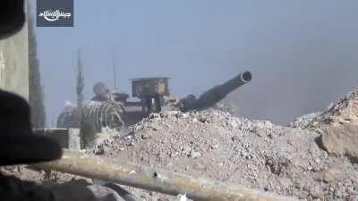 Rebel infantry survive a VERY close encounter with SAA tank. E Ghouta, Syria