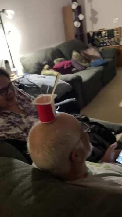 I was eating yogurt and placed it on my dads head and my mom got a kick out of it haha gotta love mommas