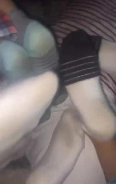 4 girls rubbing guys dick with their feet (they make him cum in the full video)