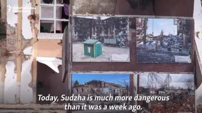 Ukrainian soldiers in Kursk have put up photos of destroyed Ukrainian towns &amp;amp; cities. &quot;It's so the locals can see what russia has been doing in Ukraine for more than 2 years&quot;