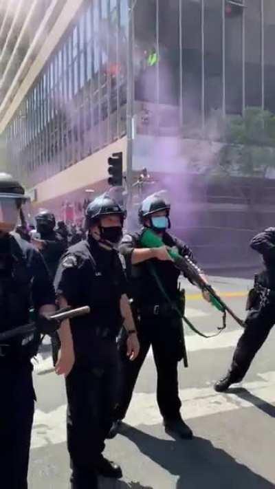 Cop shoots protester with a rubber bullet after she asked them to put the guns down