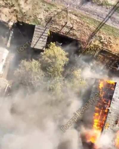 Three Russian soldiers set a civilian house on fire and stood nearby, oblivious to the approaching drone. Their use of fascist tactics, burning homes, quickly resulted in just karma.