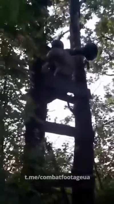 A Ukrainian soldier sitting on a tree fires at Russian armoured vehicles from an FGM-148 Javelin ATGM. (the exact date and location are unknown)