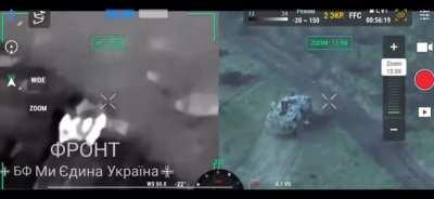 Anti-tank mine laid by a “Baba Yaga” drone destroys Russian vehicle.  June 2024