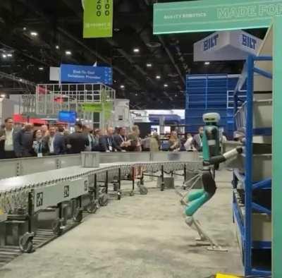 Warehouse robot collapses after working for 20 hours straight.