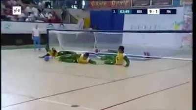 This is goalball, a sport played by blind people