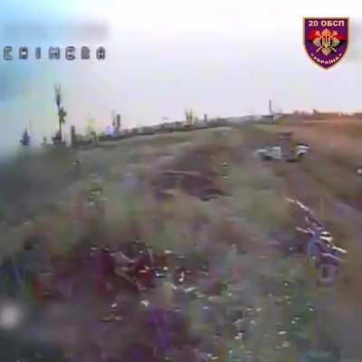 An FPV drone films the cemetery of abandoned and destroyed Russian motorcycles and buggies in the Urozhany district of the Donetsk region.