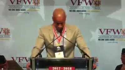 Clip from Goggins making a speech for receiving the 2018 VFW Americanism Award, he even gets emotional. Remember that he's human to, though sometimes he doesn't seem like it! The full speech will be in the comments.