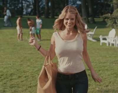 Alice Eve running while braless in slow motion