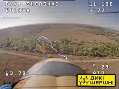 Ukrainian FPV-drone-strike on a Russian howitzer. September 2023.