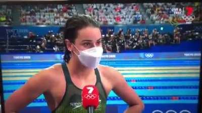 Australian swimmer Kaylee McKeown surprises herself in an interview right after winning gold