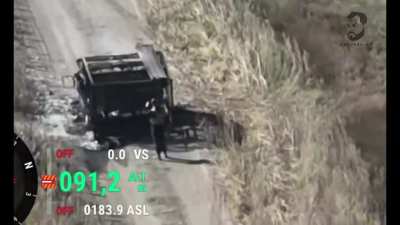 RU POV: Ukrainians in a URAL truck stopped to photograph a burned vehicle but their truck was targeted by FPV drone. Kursk Region.