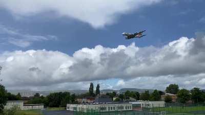 Airbus A380 coming it to land at Glasgow Airport, Scotland