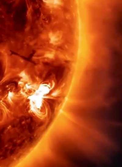 This massive Solar Eruption ejects several million tons of material out into space at speeds of millions of km per hour, yet much of the ejected material does not achieve escape velocity and is dragged back to the surface by the suns immense gravity.