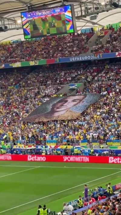 Fans honored fallen hero Nazariy &quot;Hrienka&quot; Hryntsevich by displaying a banner with his portrait at the EURO 2024 match between Ukraine and Belgium