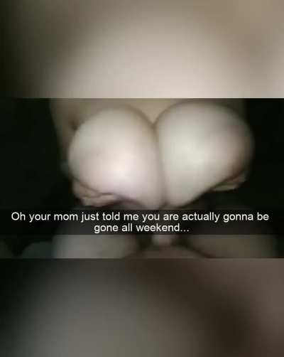 Your best friend came over to visit you but you were gone over the weekend. However your mom offered him to stay with her and spend some time together. She asked him what they can do...and he jokingly said he wants to fuck your mom's huge tits. She accept