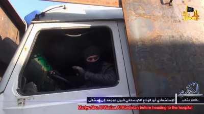 [Modern] Jabhat al-Nusra militants sending one of two SVBIEDs filled with missiles forth towards al-Kindi Hospital (Aleppo, Syria, 22-12-2013)