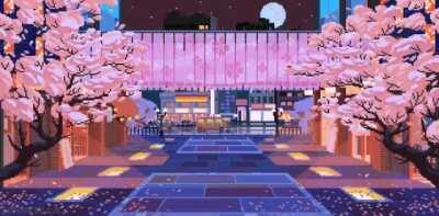 Quiet Night Life in Cherry Blossom Town.