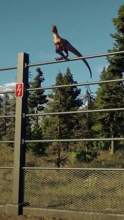 Velociraptor climbs over fence in Jurassic World Evolution 2