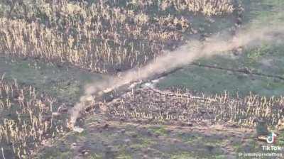 A Russian Armored Column consisting of BMP-2, BMP-1, T-80BV, T-80BVM Tanks hit a minefield and were hit by artillery of the Ukrainian 4th NG Brigade & 24th Assault Battalion 