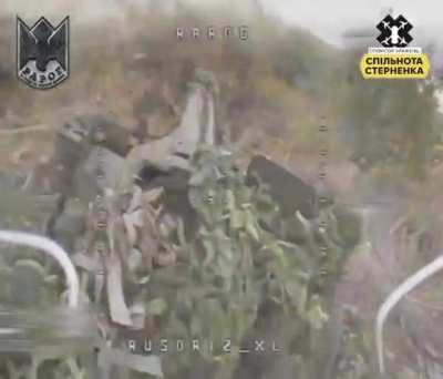 Ukrainian FPV pilots from the 24th Mechanized Brigade attack Russian SPGs hidden between destroyed houses. Donetsk Oblast.