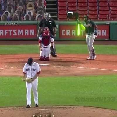 Marcell Ozuna twirls his lightsaber before smashing dong.