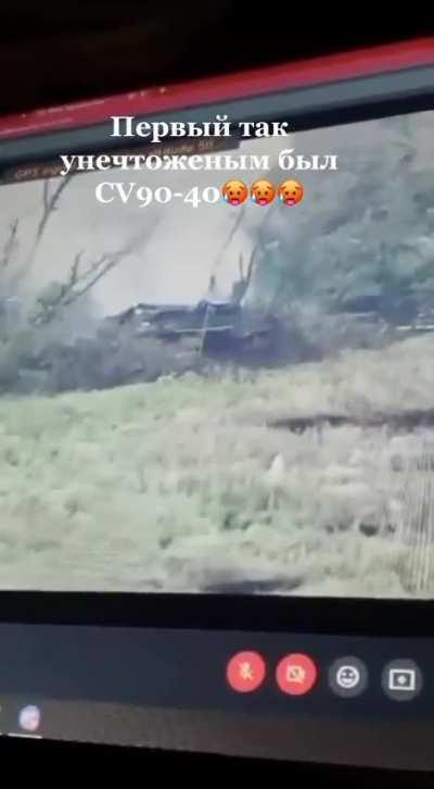 Acording to Ukranian military, first video of russian tank getting destroyed by a Swedish donated cv9040c.