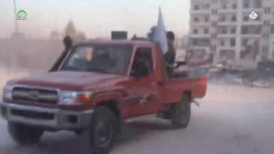 FSA Toyota Landcruiser pickup struggles with the recoil of a ZU-23-2 during clashes with the PKK - Aleppo - 2/24/2016