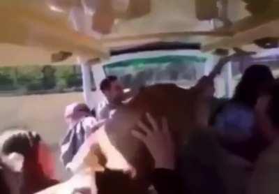 Lion charges safari tour bus