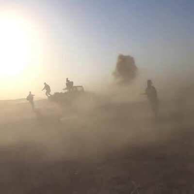 YPG forces run away from an incoming ISIS VBIED, when one guy takes it out with an accurate RPG shot. By @pershmergaswe (IG)