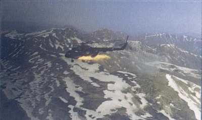 An Indian armed Mi-17 from the 192nd Helicopter Unit fires rockets at the Pakistani positions on Tiger Hill, Kargil War, 1999. Photos taken from an accompanying gunship on the formation and stitched together by me